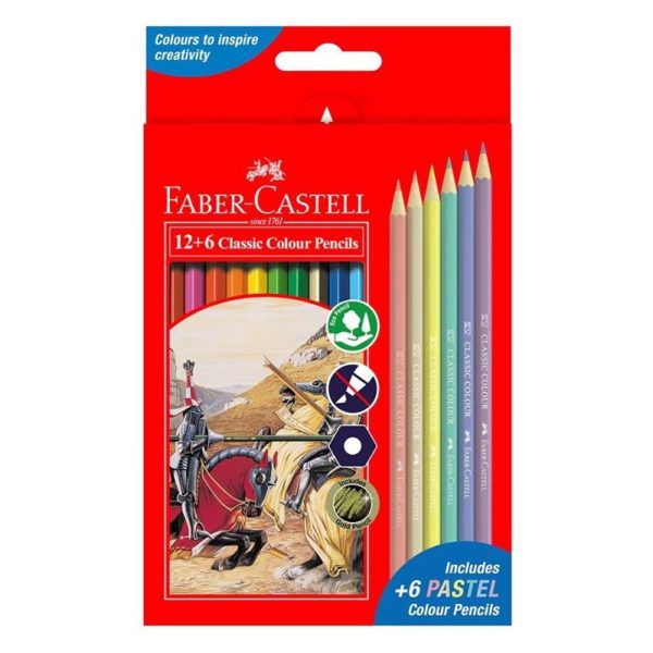 فابرکاستل مداد رنگی تخت 12+6 رنگ پاستلی 115464 FABER-CASTELL 12 Classic Colour Pencils + 6 Pastel Colours