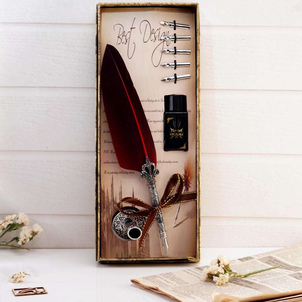 ست کالیگرافی قلم پر غاز قرمز Calligraphy set feather pen red goose