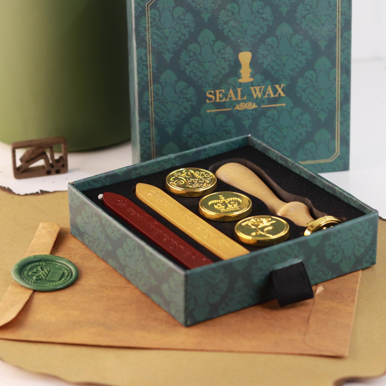 ست مهر و موم با جعبه SEALING SET Green and gold box E1