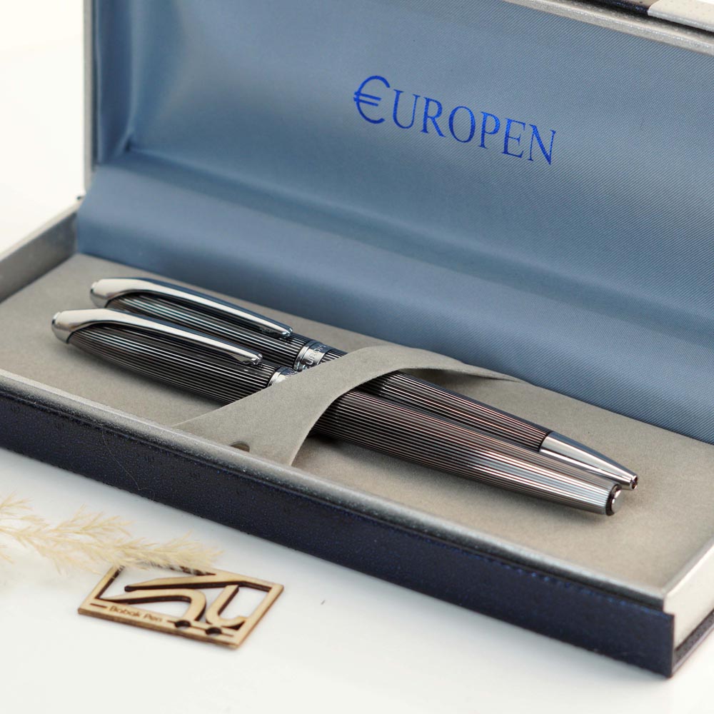 ست خودکار و خودنویس یوروپن رینگ مشکی راه راه نقره ای EUROPEN set Ring black and silver striped