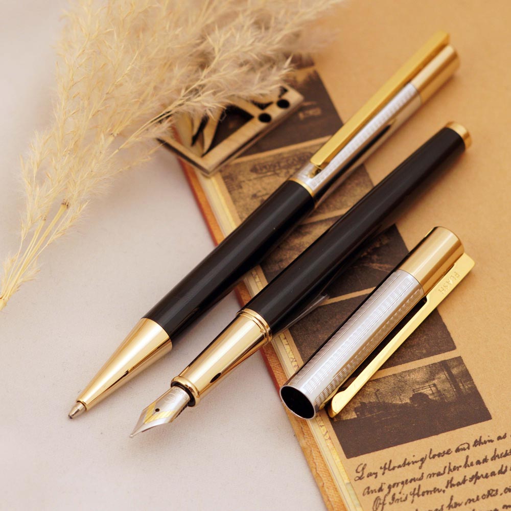 ست خودنویس و خودکار یوروپن فلش مشکی نیمه کروم گیره طلایی EUROPEN Flash set black and chrome GT