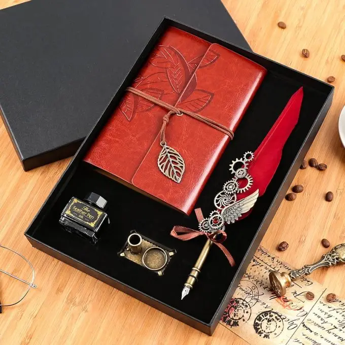 ست کالیگرافی قلم چرخ دنده طرح مدرن با دفترچه Calligraphy set feather pen Gear modern design with notebook red