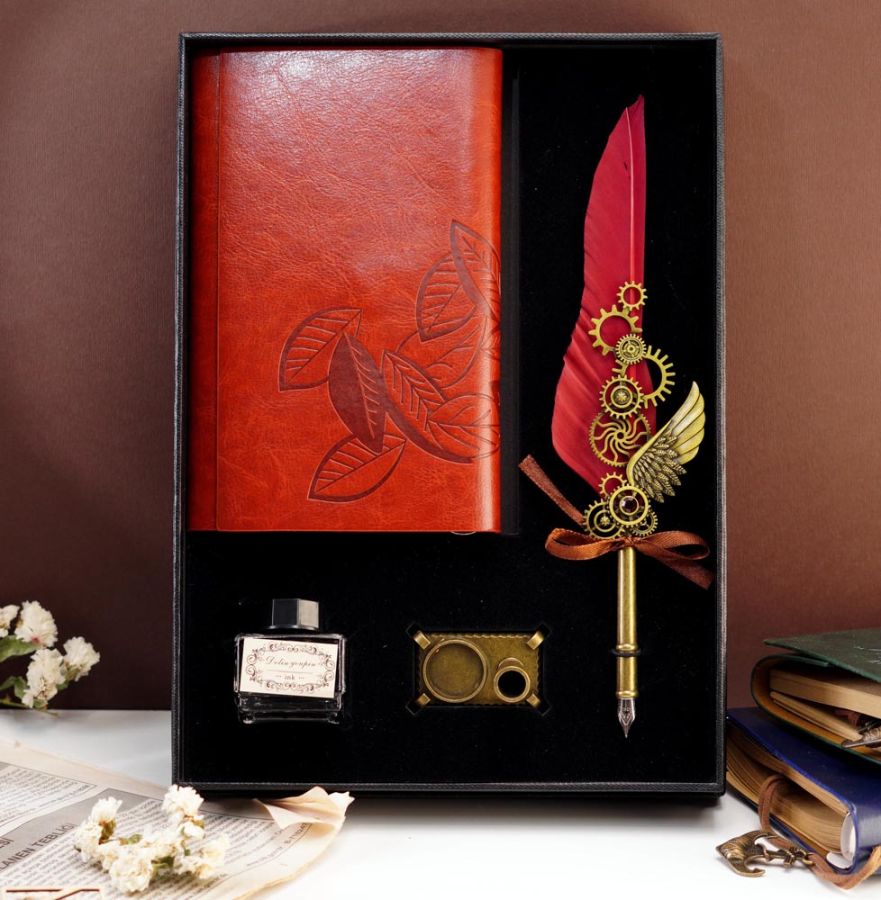 ست کالیگرافی قلم چرخ دنده طرح مدرن با دفترچه Calligraphy set feather pen Gear modern design with notebook