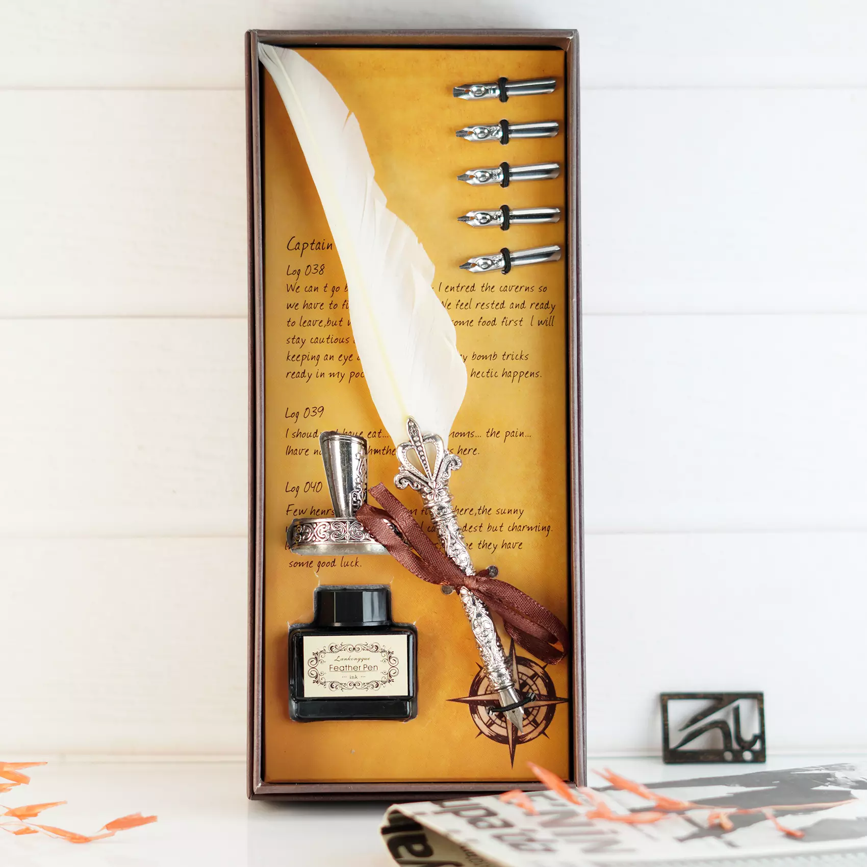 ست کالیگرافی قلم پر سفید Calligraphy set feather pen white