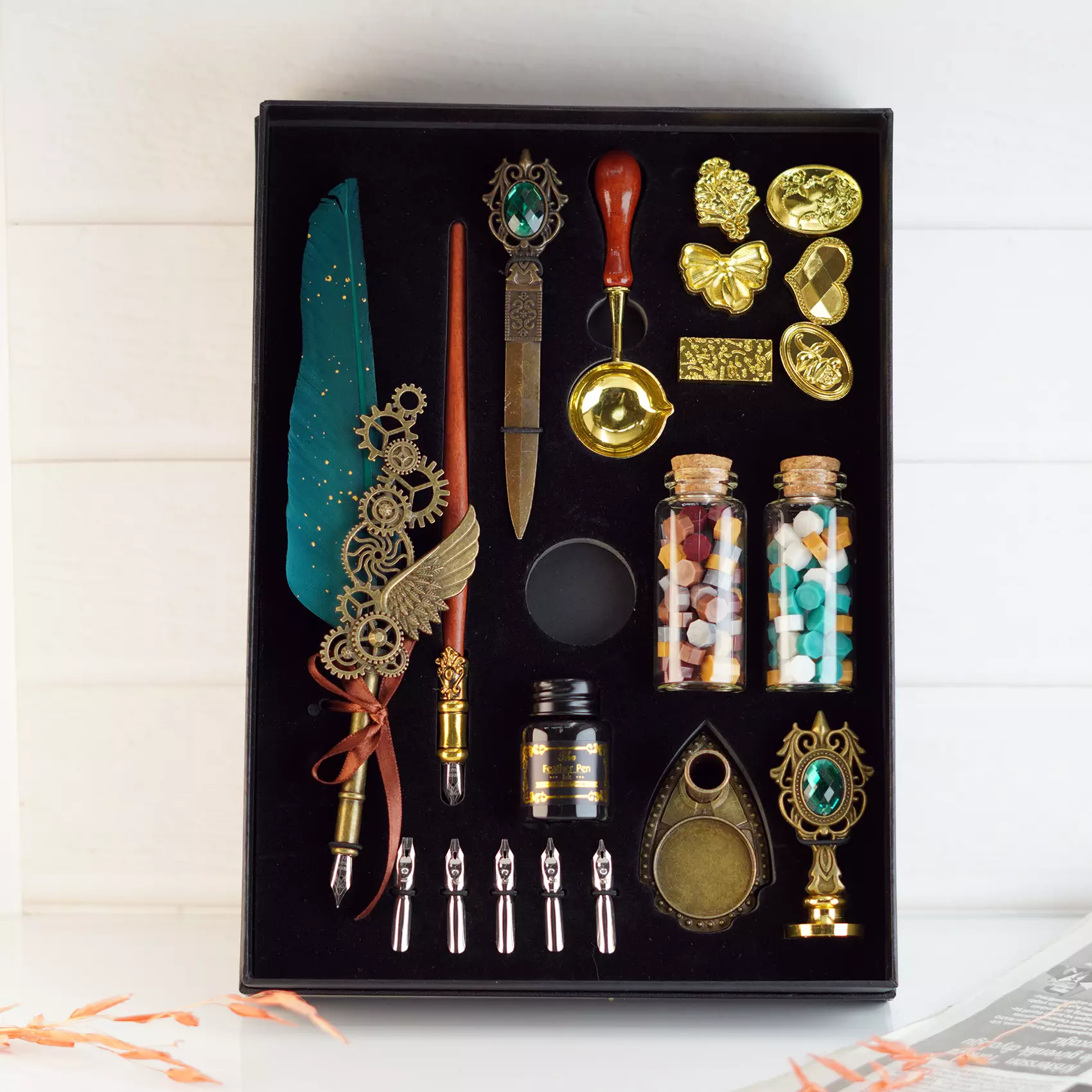 ست کالیگرافی قلم پر مجیک پاور ویژه با ست مهر و موم Calligraphy set feather pen with sealing wax set Magic power